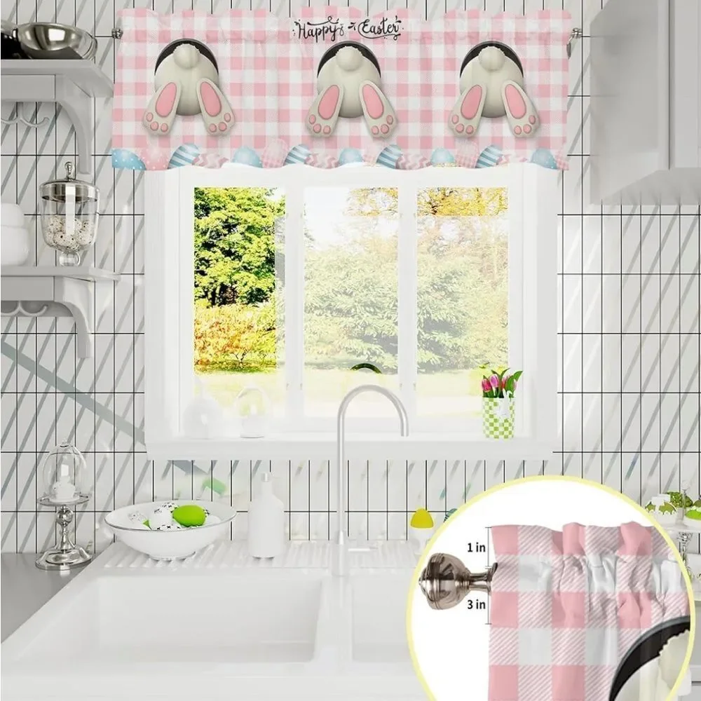 Easter Curtain Valances for Windows, Bunny Easter Eggs Floral Spring Pink Plaid - Picture 5 of 8